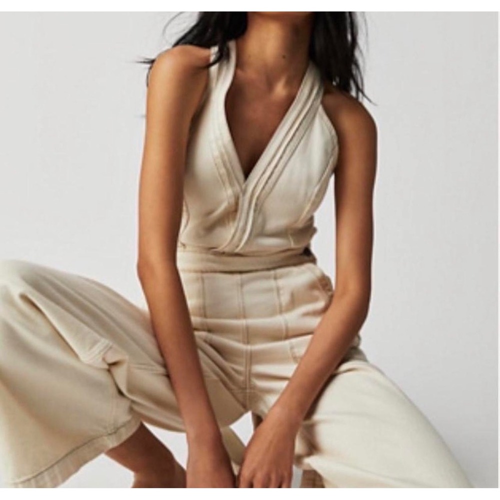 Etica Cream Denim Wide Leg Jumpsuit V-Neck Cross Back Sleeveless Size M EW148490